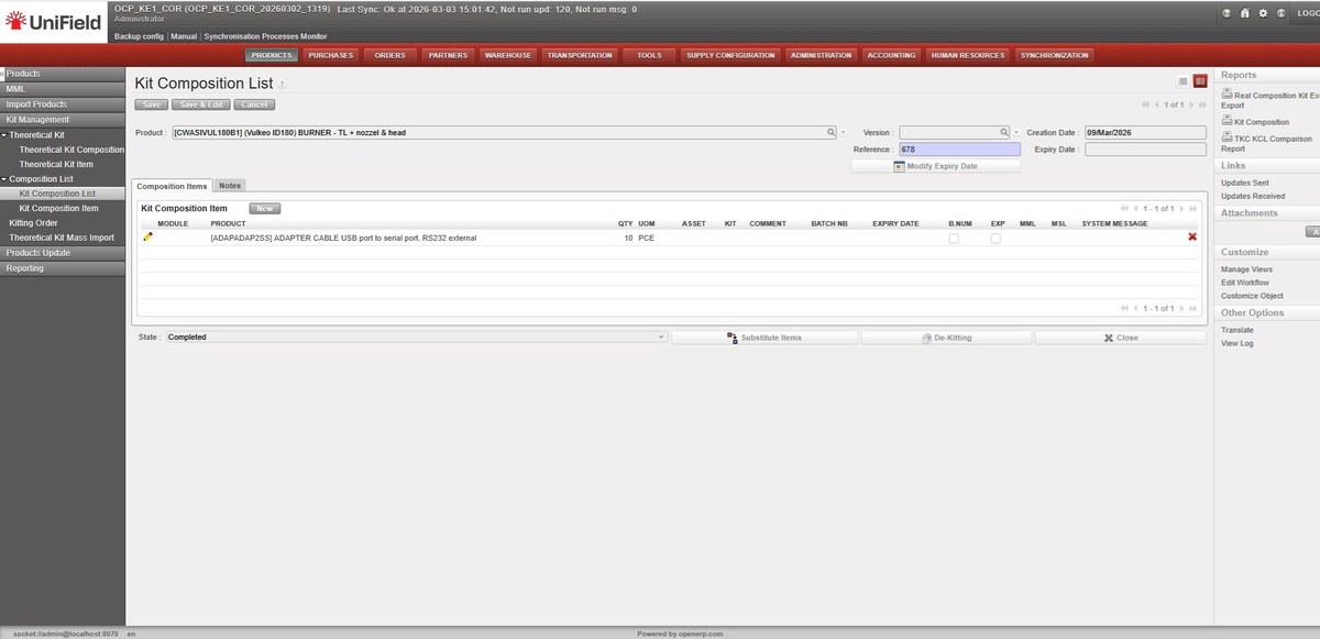 Kit Composition List — Completed status, showing product, version, reference and composition items