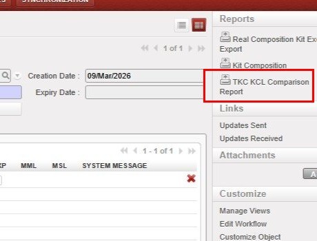 Right-side Reports panel — TKC KCL Comparison Report button (highlighted)